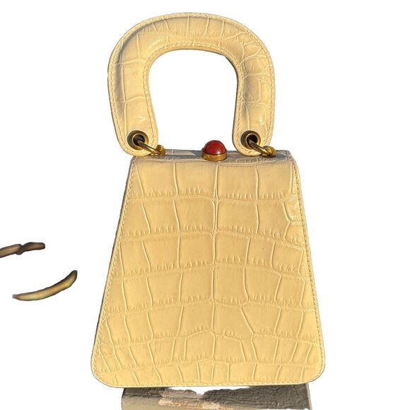 Staud Bag Kenny Cream Trapezoid Handbag Croc Embossed Leather Top Handle 6.5” - Picture 1 of 13